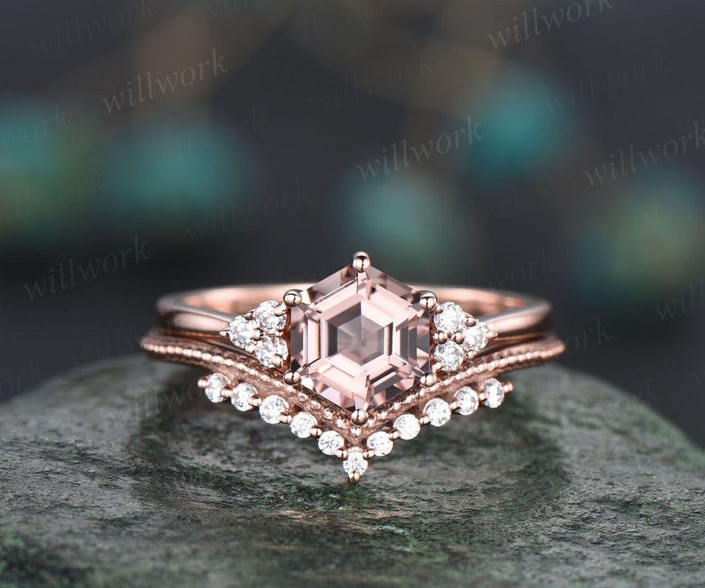 Hexagon cut pink Morganite engagement ring set for women 14k image 1