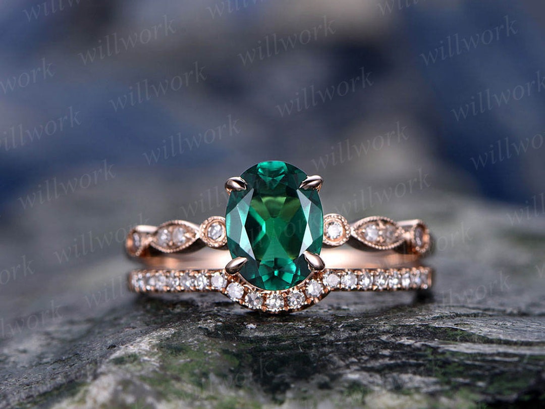 Emerald Engagement Ring Set Solid 14k Rose Gold Diamond Ring - Etsy
