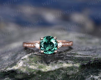 Three  stone emerald engagement ring solid 14k rose gold ring real diamond ring emerald ring vintage may birthstone wedding promise ring