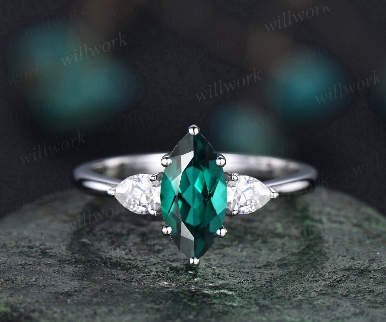 Marquise Cut Emerald Ring Gold Silver Three Stone Emerald - Etsy