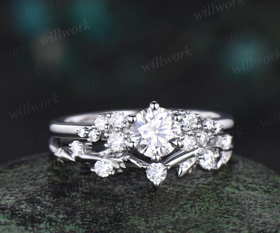 Round Cut Moissanite Snowdrift Engagement Ring Set 14k White Gold