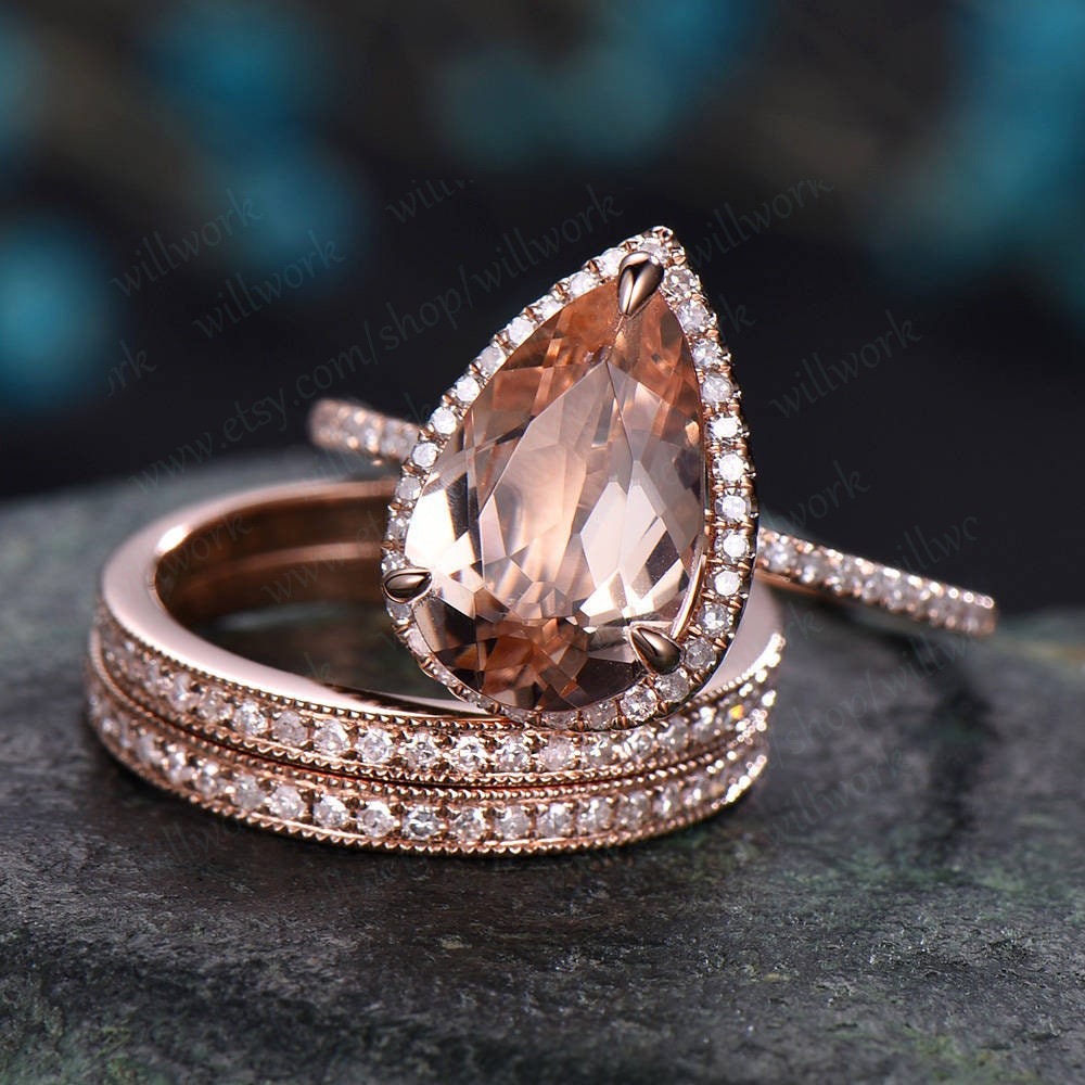 8x12mm Morganite Engagement Ring Set Rose Gold Diamond Halo | Etsy