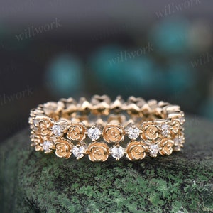 Full Eternity Floral Diamond Wedding Band Solid 14k Yellow Gold ...