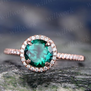 Green emerald engagement ring 14k rose gold handmade diamond ring unique vintage gift halo anniversary wedding bridal promise ring for her