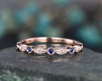 Art deco natural sapphire ring rose gold women marquise ring setting Milgrain vintage diamond wedding ring band September birthstone ring