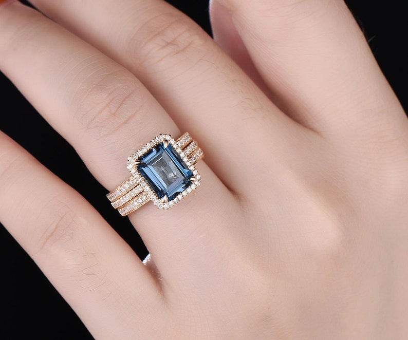 3pcs Emerald cut London blue topaz engagement ring 14k rose gold Topaz wedding bridal set diamond halo engagement November birthstone ring image 8