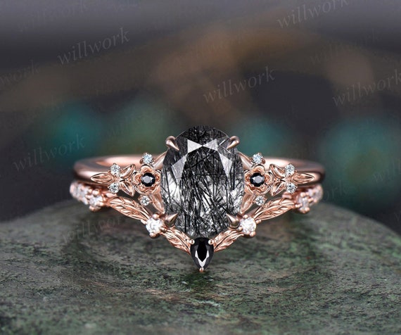 Vintage Oval Black Rutilated Quartz Engagement Ring Leaf Nature Inspired  Black Spinel Diamond Ring Women Art Deco Bridal Promise Ring Set - Etsy