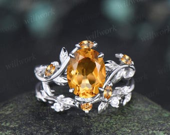 2ct oval cut yellow citrine engagement ring 14k white gold nature inspired leaf stacking wedding bridal ring set women crystal ring silver