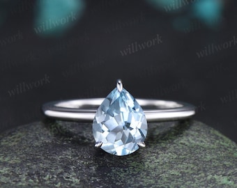 Pear cut aquamarine engagement ring white gold hidden halo diamond ring claw prong dainty promise wedding ring women gift