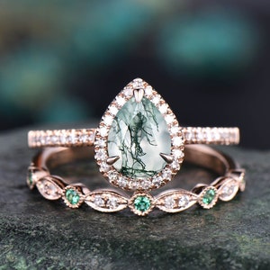 Moss agate ring set pear shaped moss agate engagement ring set rose gold halo diamond natural emerald ring women unique wedding ring set