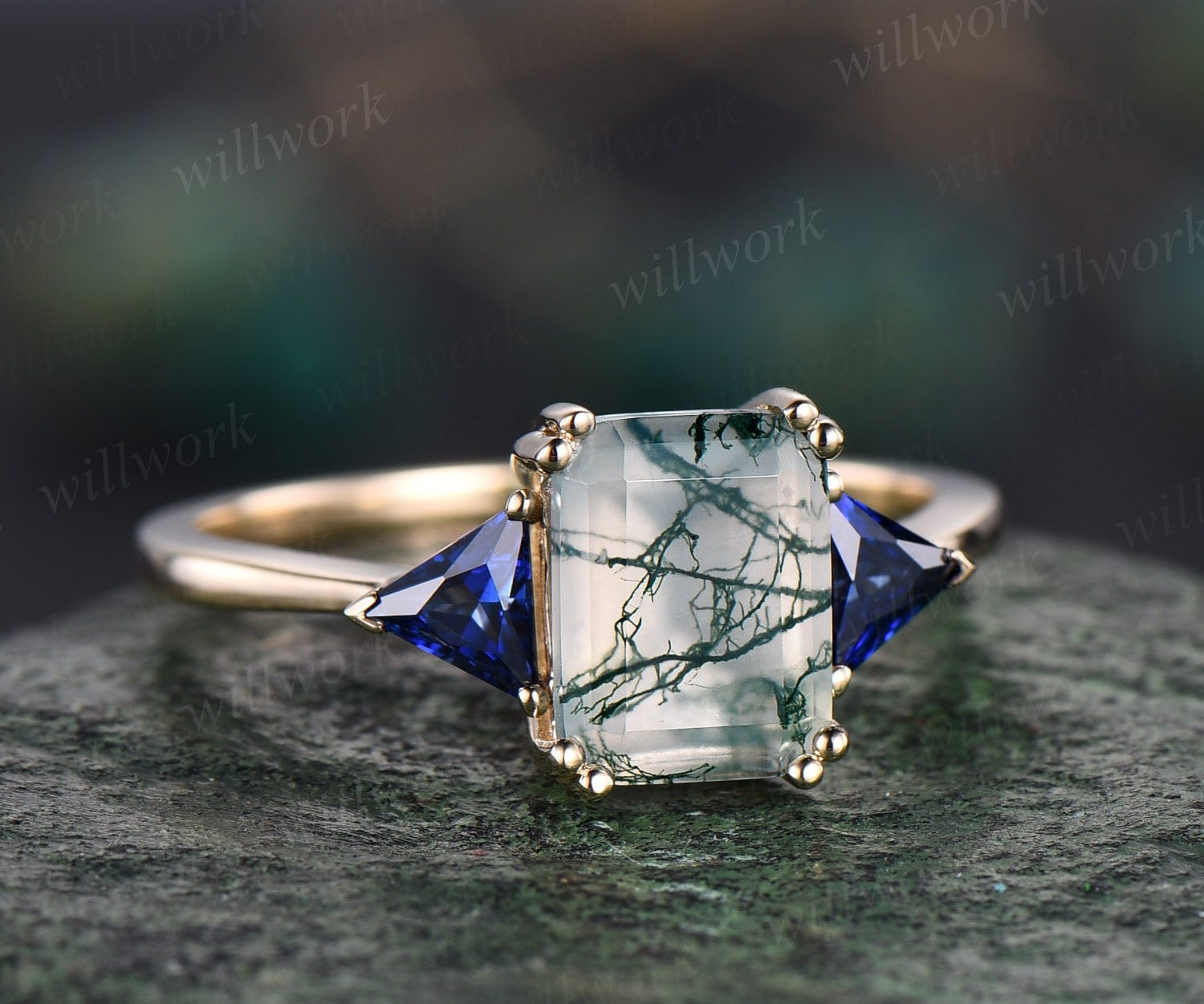 Emerald Cut Moss Agate Ring