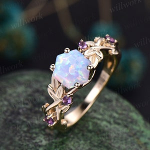 Twig opal ring vintage hexagon cut white opal engagement ring white gold leaf amethyst ring women October birthstone ring anniversary ring image 7