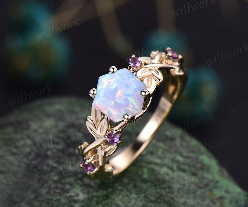 Twig opal ring vintage hexagon cut white opal engagement ring white gold leaf amethyst ring women October birthstone ring anniversary ring image 7