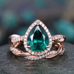 2pcs Pear Shaped Emerald Engagement Ring Set 14k Rose Gold - Etsy