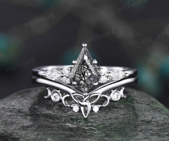 Vintage oval black rutilated quartz engagement ring white opal diamond –  YVELOVE