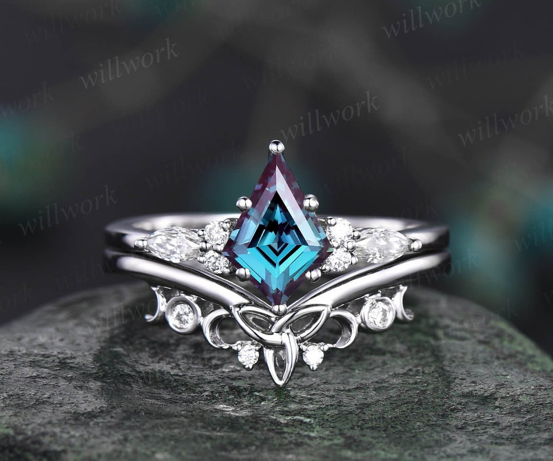 Unique Alexandrite Engagement Ring Set White Gold Silver Kite - Etsy