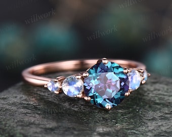 Alexandrite ring minimalist vintage round Alexandrite engagement ring five stone moonstone ring rose gold silver for women promise ring gift