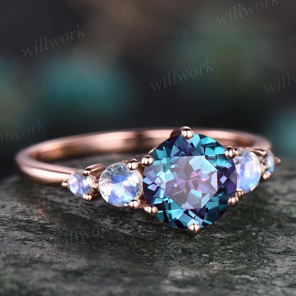 Alexandrite ring minimalist vintage round Alexandrite engagement ring five stone moonstone ring rose gold silver for women promise ring gift