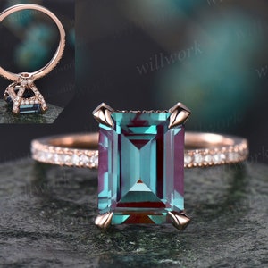 Emerald cut Alexandrite engagement ring under halo basket diamond ring for women rose gold vintage unique engagement ring wedding ring gift