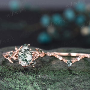 Vintage oval cut green moss agate engagement ring rose gold art deco cluster leaf nature inspired bridal promise wedding ring set women image 3