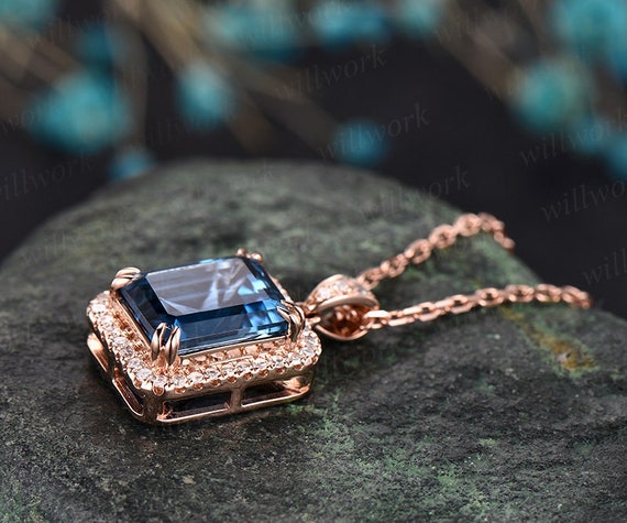 London blue Topas blau Topas Halskette 14k rose gold Anhänger Dezember  Geburtsstein zierliche einzigartige echten Diamanten Halo Halskette | Kettenanhänger