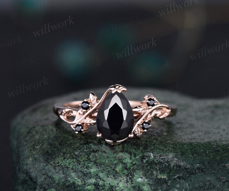Pear black Onyx ring vintage art deco five stone black spinel ring twig leaf unique engagement ring women rose gold anniversary ring gift image 1
