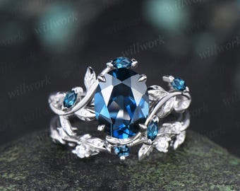 2ct oval cut London blue topaz engagement ring 14k white gold nature inspired leaf stacking wedding bridal ring set women silver
