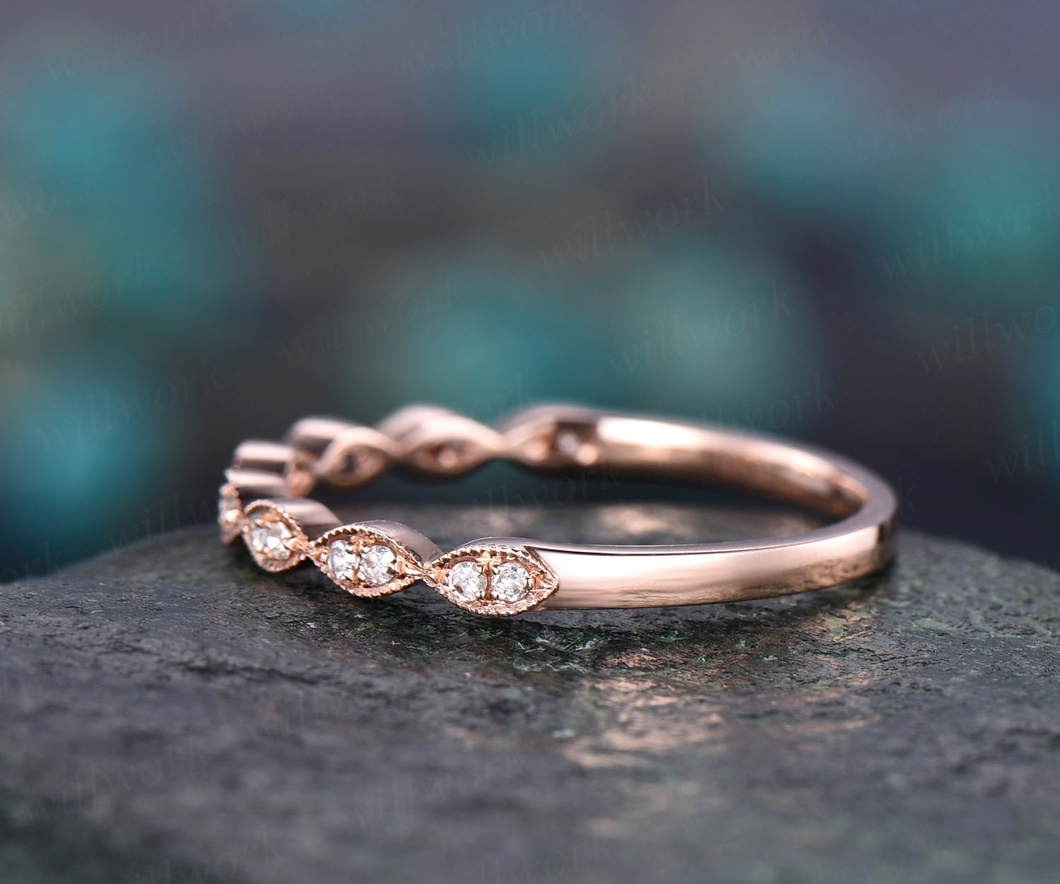 Art Deco Diamond Wedding Ring Band 14k Rose Gold Marquise Diamond ...