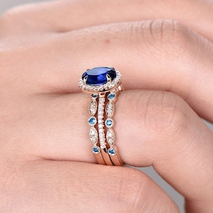 3pcs blue sapphire ring vintage sapphire engagement ring set rose gold for women diamond halo natural sapphire wedding band bridal ring set image 3