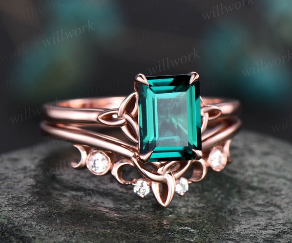 Emerald Cut Emerald Engagement Ring Set Rose Gold Solitaire Unique