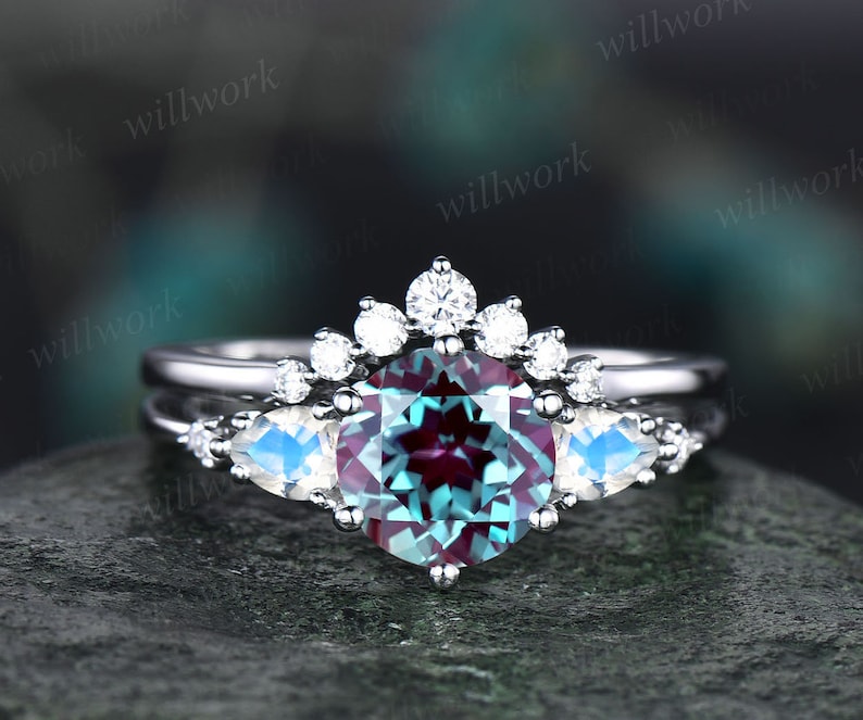 Roung Cut Alexandrite Engagement Ring Set Rose Gold Five Stone - Etsy