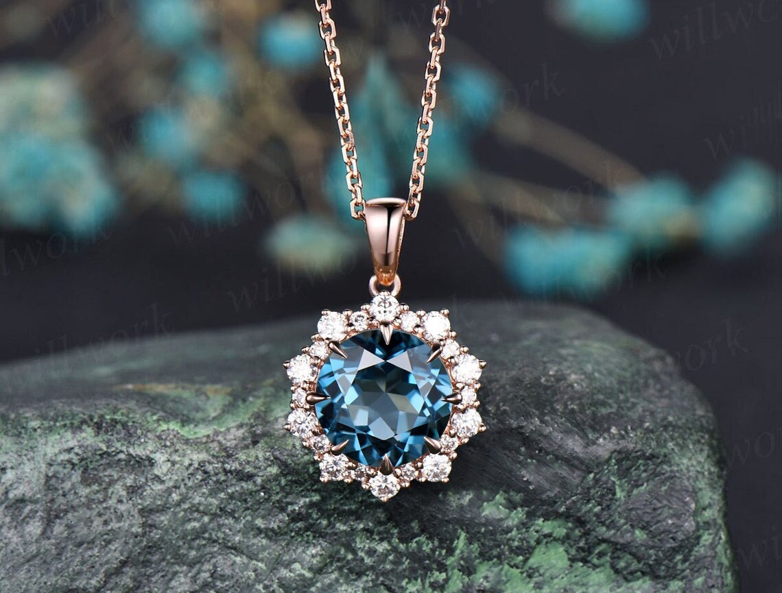 Round London Blue Topaz Necklace Vintage Solid 14k 18k Rose