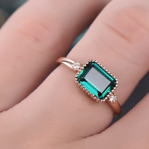 Rose gold ring green emerald ring vintage three stone ring emerald engagement ring real diamond ring emerald cut antique may birthstone ring image 5