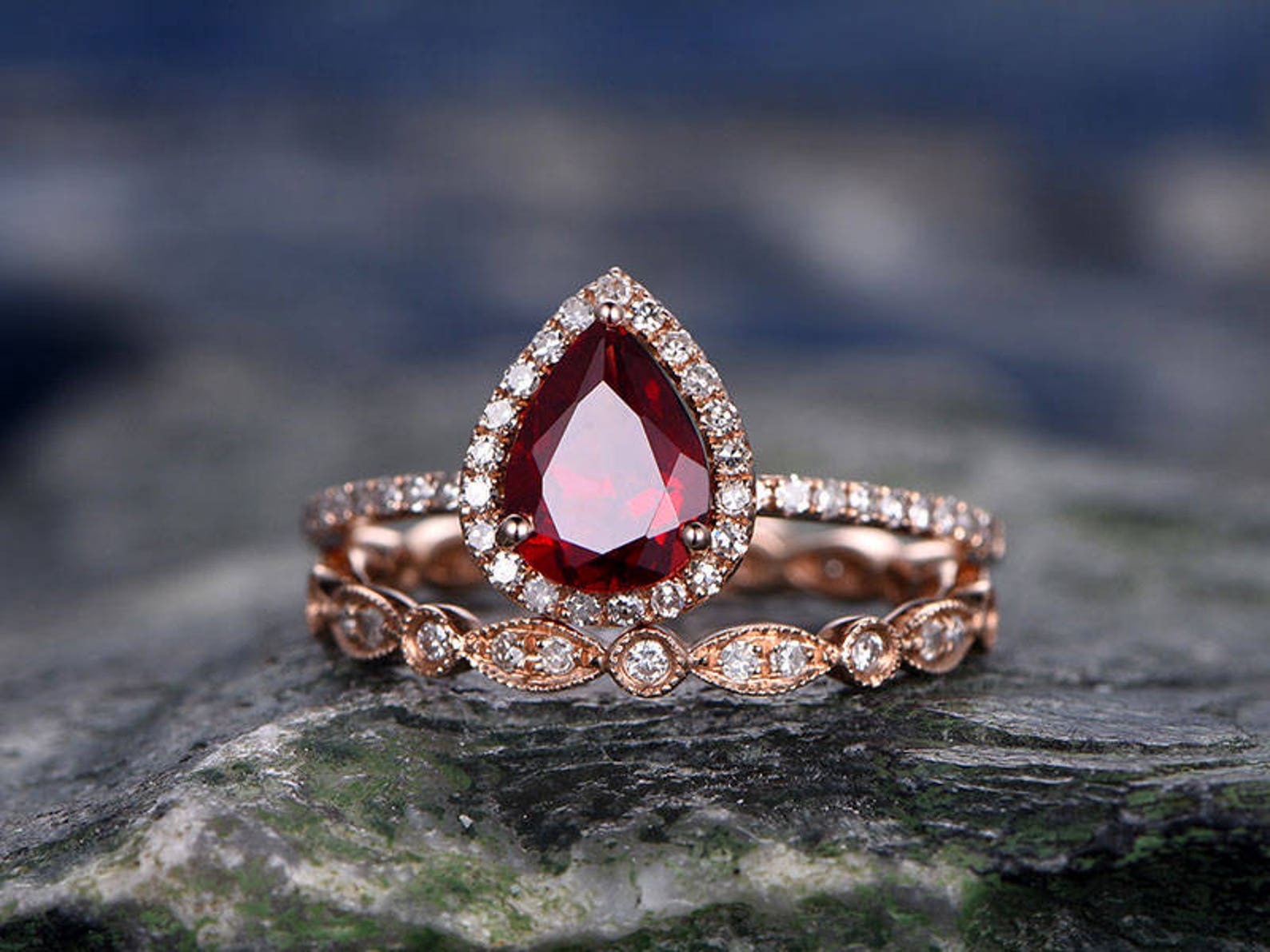 Red Garnet Engagement Ring-solid 14k Rose Gold Diamond Bridal - Etsy