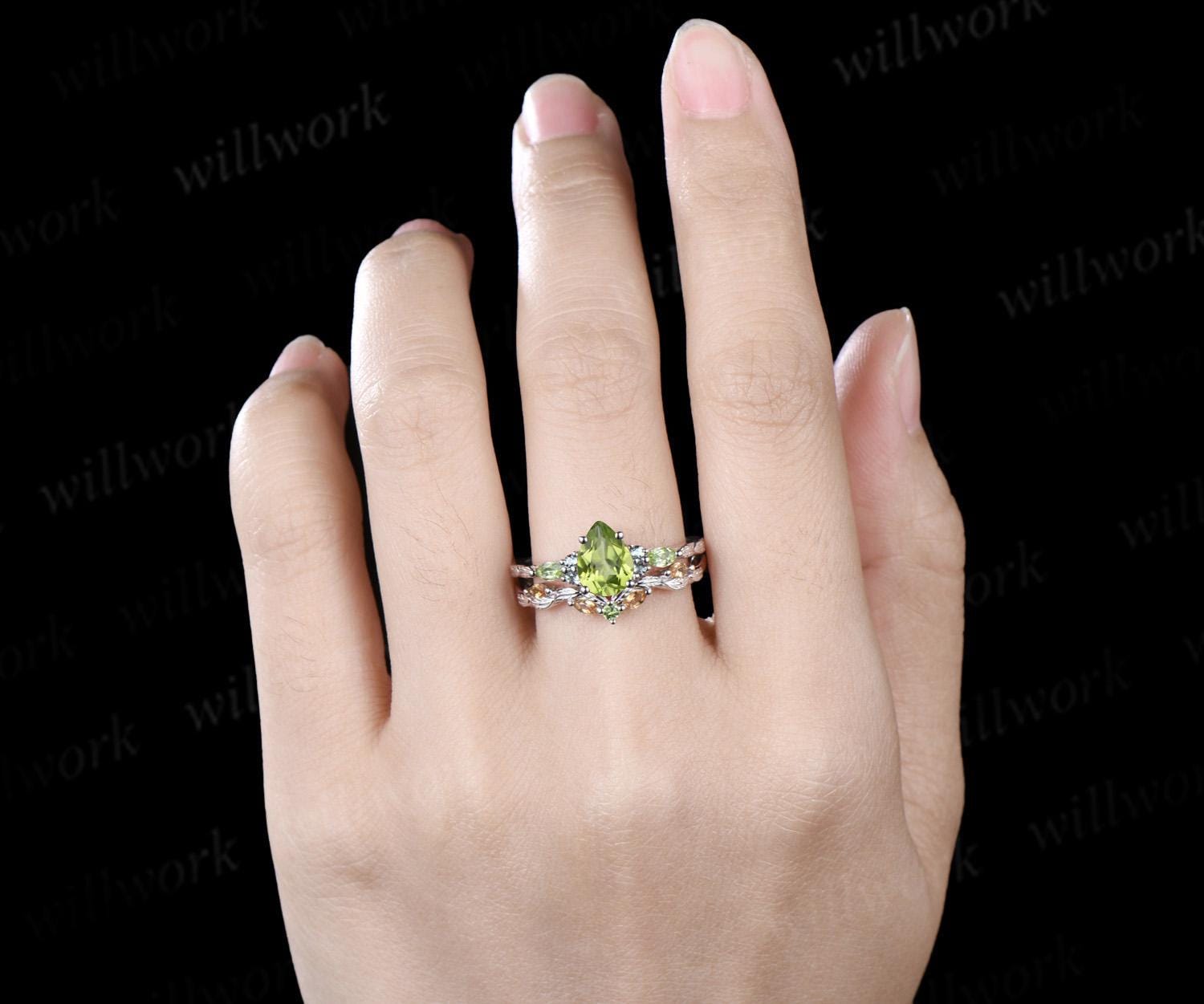 ヴィンテージ ペア ペリドット エンゲージリング セット ソリッド 14K