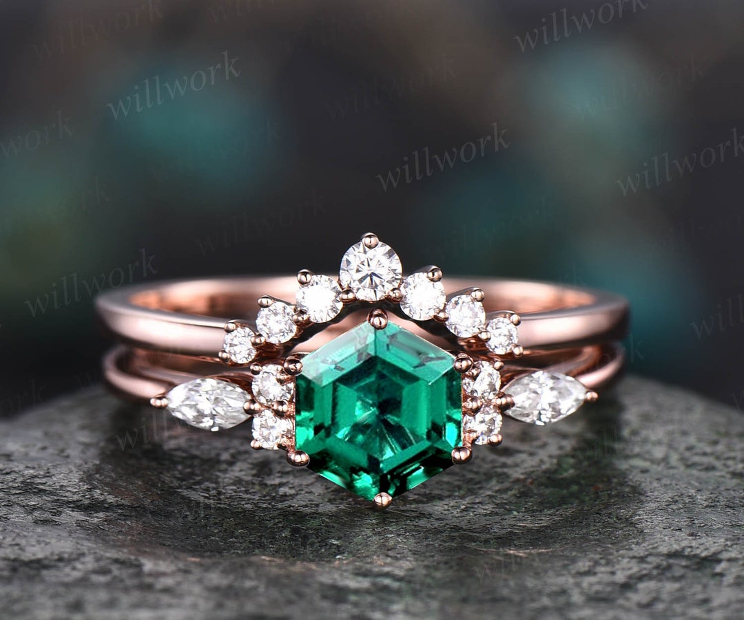 Hexagon Emerald Engagement Ring Set Art Deco Moissanite - Etsy
