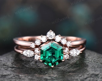 Hexagon emerald engagement ring set art deco moissanite wedding ring set emerald ring vintage rose gold silver for women marquise ring set