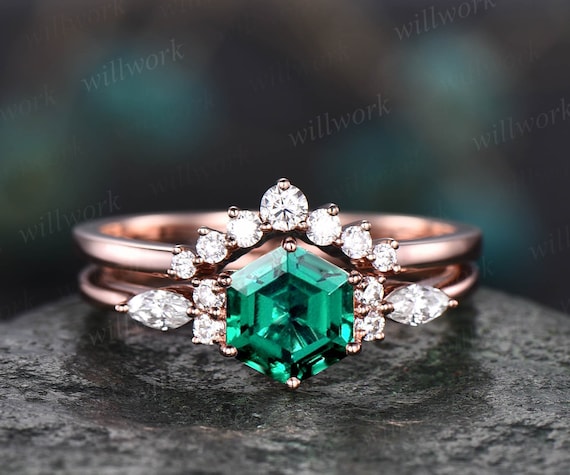 Hexagon emerald engagement ring set art deco moissanite | Etsy