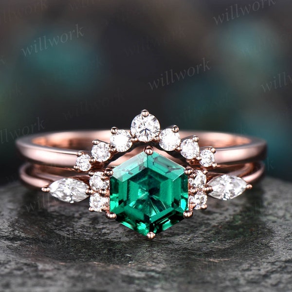 Hexagon emerald engagement ring set art deco moissanite wedding ring set emerald ring vintage rose gold silver for women marquise ring set