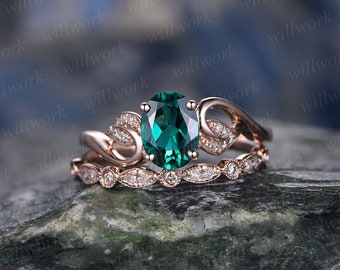 Emerald engagement ring set rose gold emerald ring vintage diamond ring 2pcs floral wedding bridal set May birthstone unique promise ring