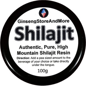 May include: A black jar with a white label that reads "GinsengStoreAndMore Shilajit Authentic, Pure, High Mountain Shilajit Resin". The label also includes directions for use and states that the jar contains 100g of product.