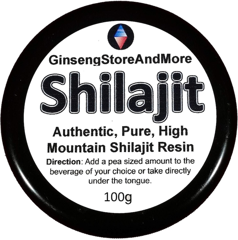 May include: A black jar with a white label that reads "GinsengStoreAndMore Shilajit Authentic, Pure, High Mountain Shilajit Resin". The label also includes directions for use and states that the jar contains 100g of product.