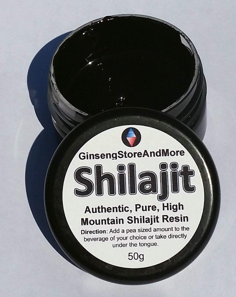 May include: A black jar with a white label that reads "GinsengStoreAndMore Shilajit Authentic, Pure, High Mountain Shilajit Resin". The label also includes directions for use and a 50g weight.