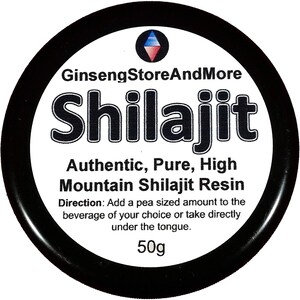 May include: A black jar with a white label that reads "GinsengStoreAndMore Shilajit Authentic, Pure, High Mountain Shilajit Resin". The label also includes directions for use and a weight of 50g.
