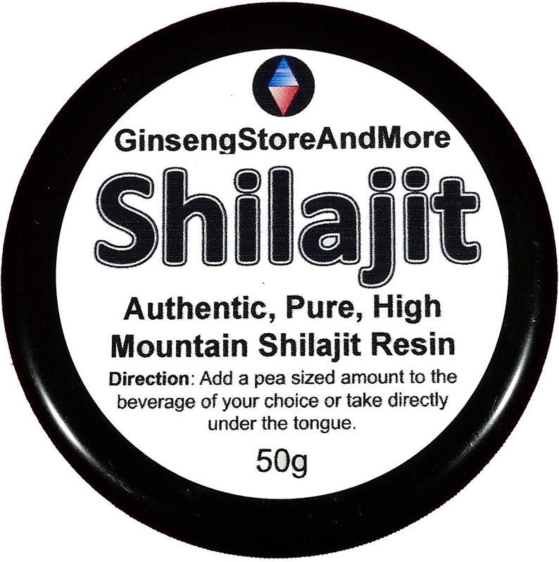 May include: A black jar with a white label that reads "GinsengStoreAndMore Shilajit Authentic, Pure, High Mountain Shilajit Resin". The label also includes directions for use and a weight of 50g.