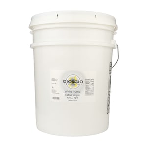 May include: A white plastic bucket with a silver handle, containing a 3 gallon (11.35 L) container of Giorgio Truffle Oil White Truffle Extra Virgin Olive Oil.