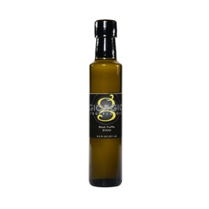 May include: A glass bottle of black truffle infused olive oil with a black label that says "Giorgio Truffle Oil" and "Black Truffle EVOO". The bottle is 8.5 fl oz (251 ml).