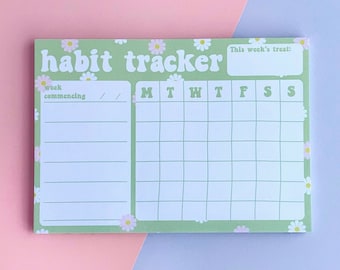 Weekly Habit Tracker Pad in Cute Daisy Print A6 - Notepad Productivity Planner Flower Small Kawaii Stationery Organiser Fitness