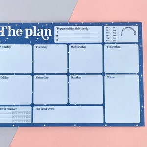 Weekly Planner Pad - A4 Undated Goal Setting Desk Organiser - Habit Tracker & Weekends, Bewitched Blue Stars Calendar Cute Stationery