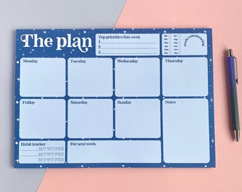 Weekly Planner Pad - A4 Undated Goal Setting Desk Organiser - Habit Tracker & Weekends, Bewitched Blue Stars Calendar Cute Stationery